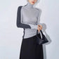 Asymmetric Mock Neck Long Sleeve Top with Contrast Sleeves – Sculpting Fit and Stylish Design for Effortless Fashion 0