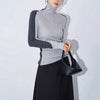 Asymmetric Mock Neck Long Sleeve Top with Contrast Sleeves – Sculpting Fit and Stylish Design for Effortless Fashion 0