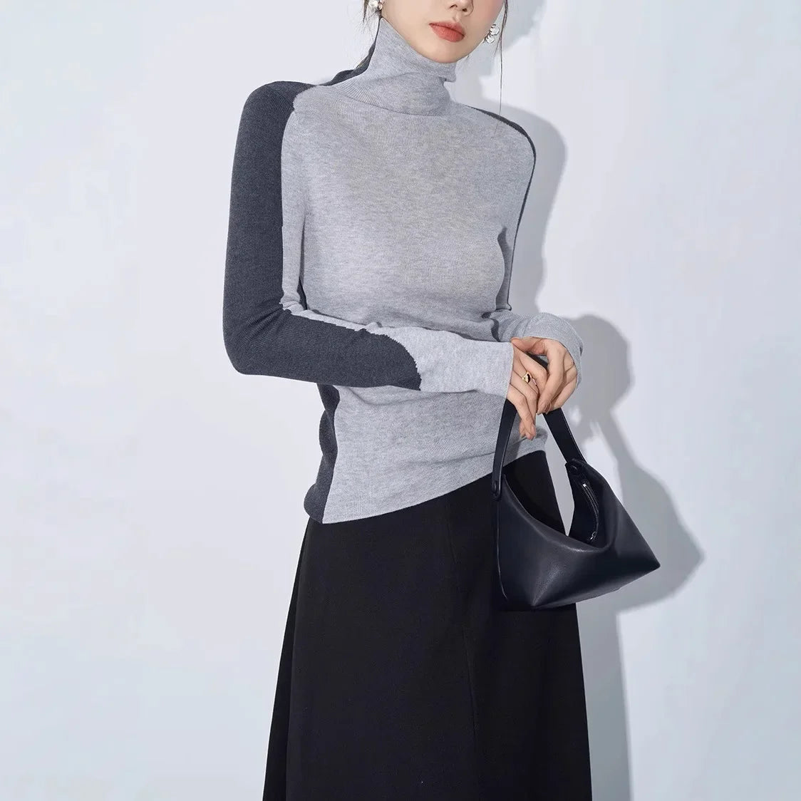 Asymmetric Mock Neck Long Sleeve Top with Contrast Sleeves – Sculpting Fit and Stylish Design for Effortless Fashion 0