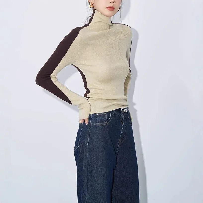 Asymmetric Mock Neck Long Sleeve Top with Contrast Sleeves – Sculpting Fit and Stylish Design for Effortless Fashion 2