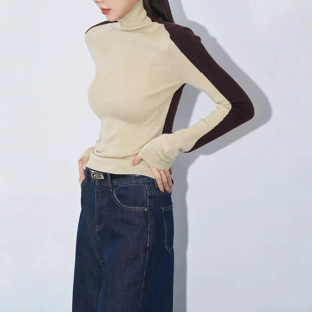 Asymmetric Mock Neck Long Sleeve Top with Contrast Sleeves – Sculpting Fit and Stylish Design for Effortless Fashion 3