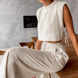 Linen Pajama Set with Lace-Up Crop Top