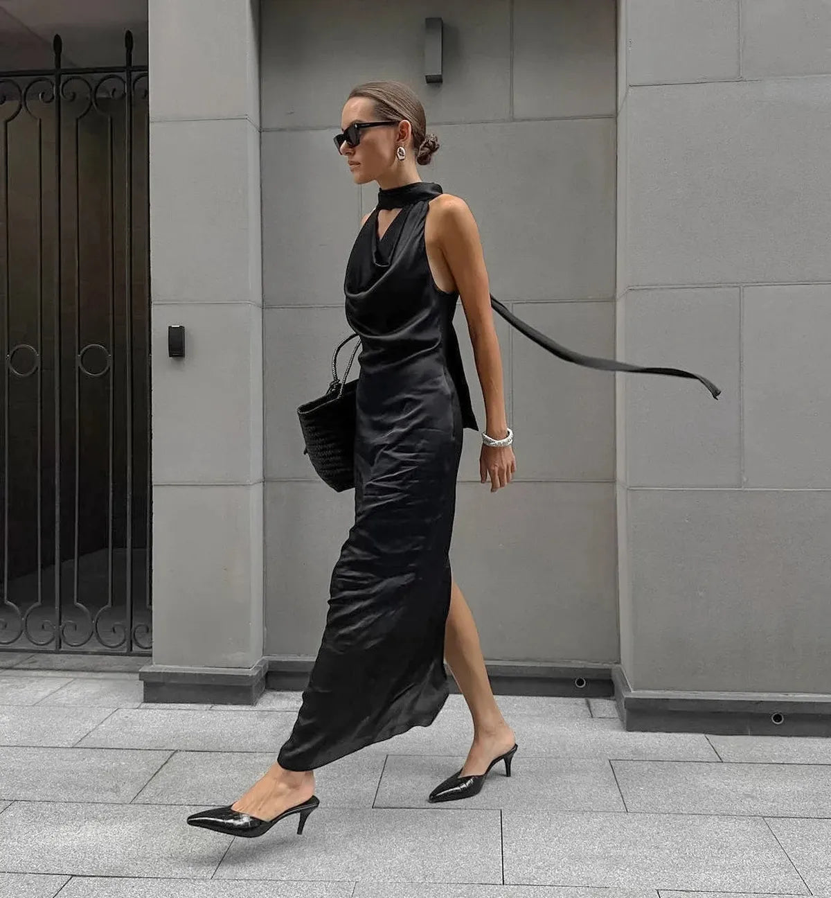 Black Satin Halter Wedding Guests Maxi Dress 1