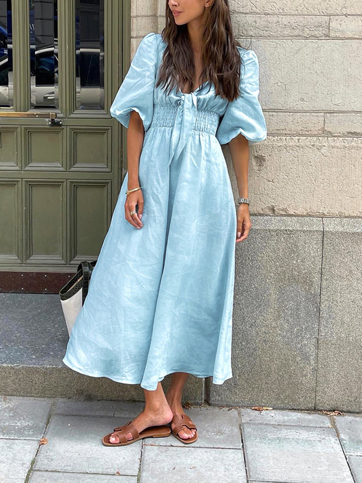 Blue Linen Blend Summer Midi Dress 2