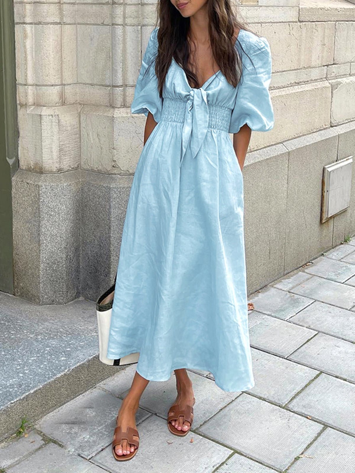 Blue Linen Blend Summer Midi Dress 3