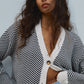 Chevron Knit Cardigan with Contrast Buttons – Monochrome Layering Piece 2