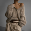 Cozy Women's Long Cardigan with Deep V-Neck and Oversized Sleeves – Fluffy Knit Layering Piece 0