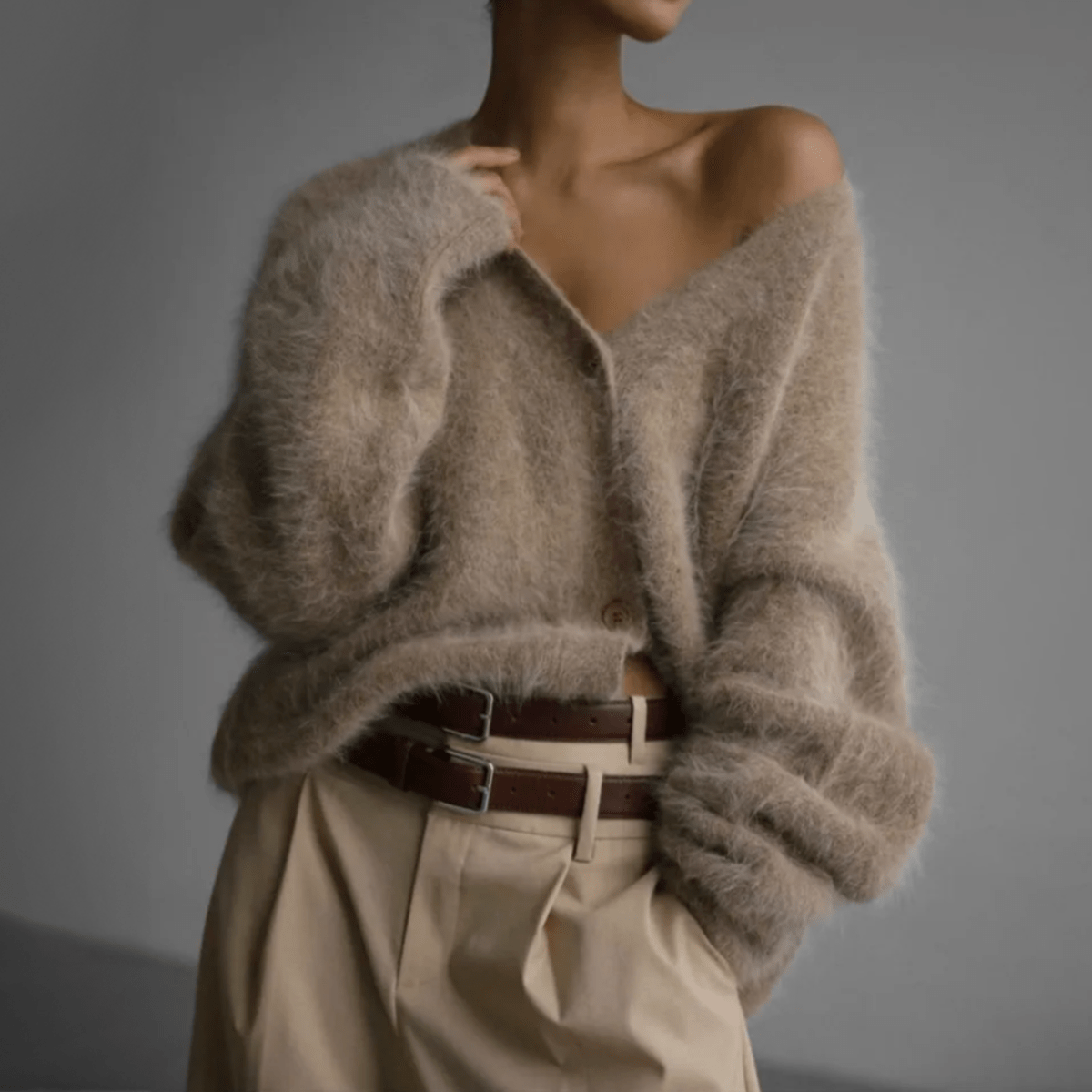 Cozy Women's Long Cardigan with Deep V-Neck and Oversized Sleeves – Fluffy Knit Layering Piece 0