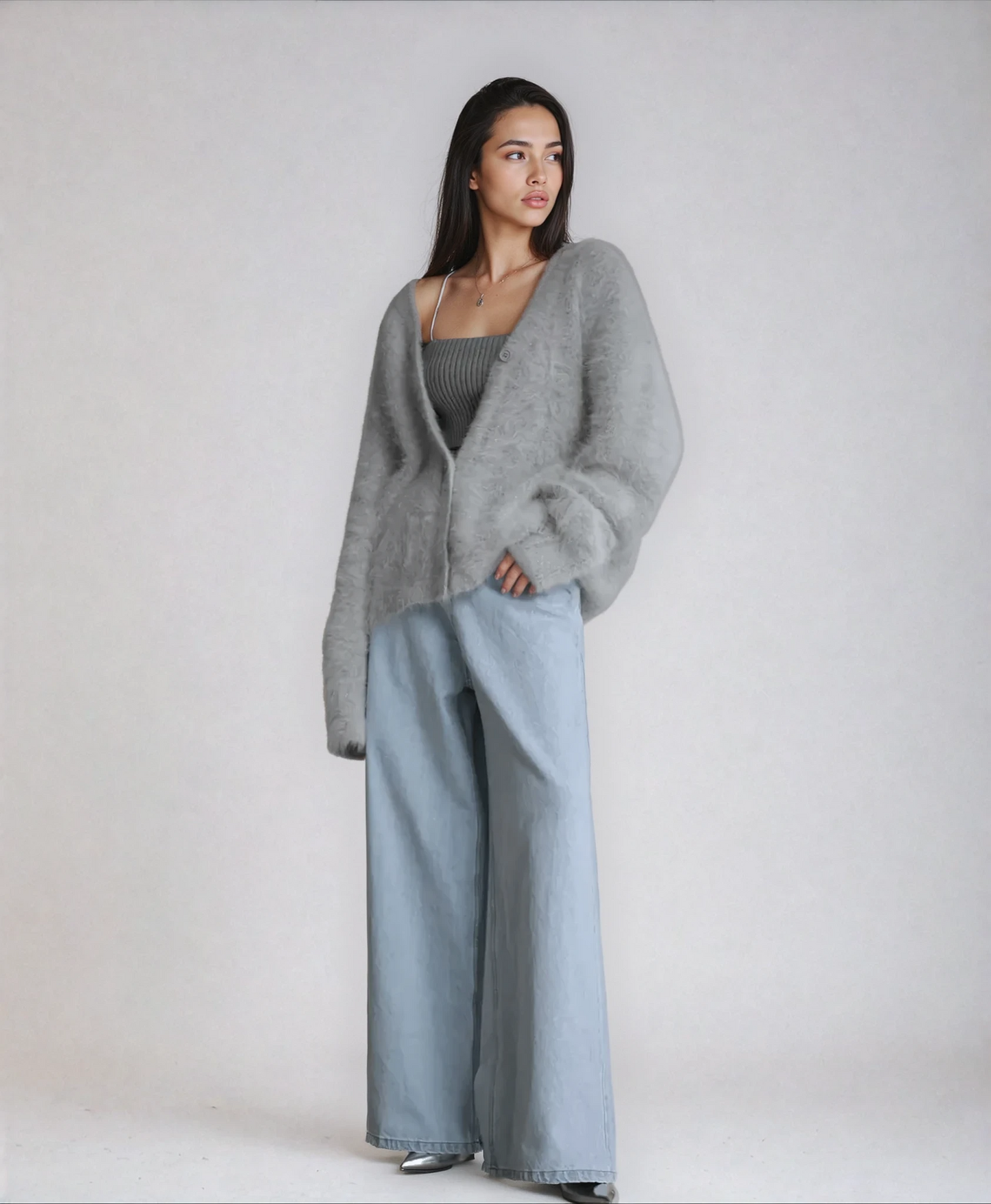 Cozy Women's Long Cardigan with Deep V-Neck and Oversized Sleeves – Fluffy Knit Layering Piece 1