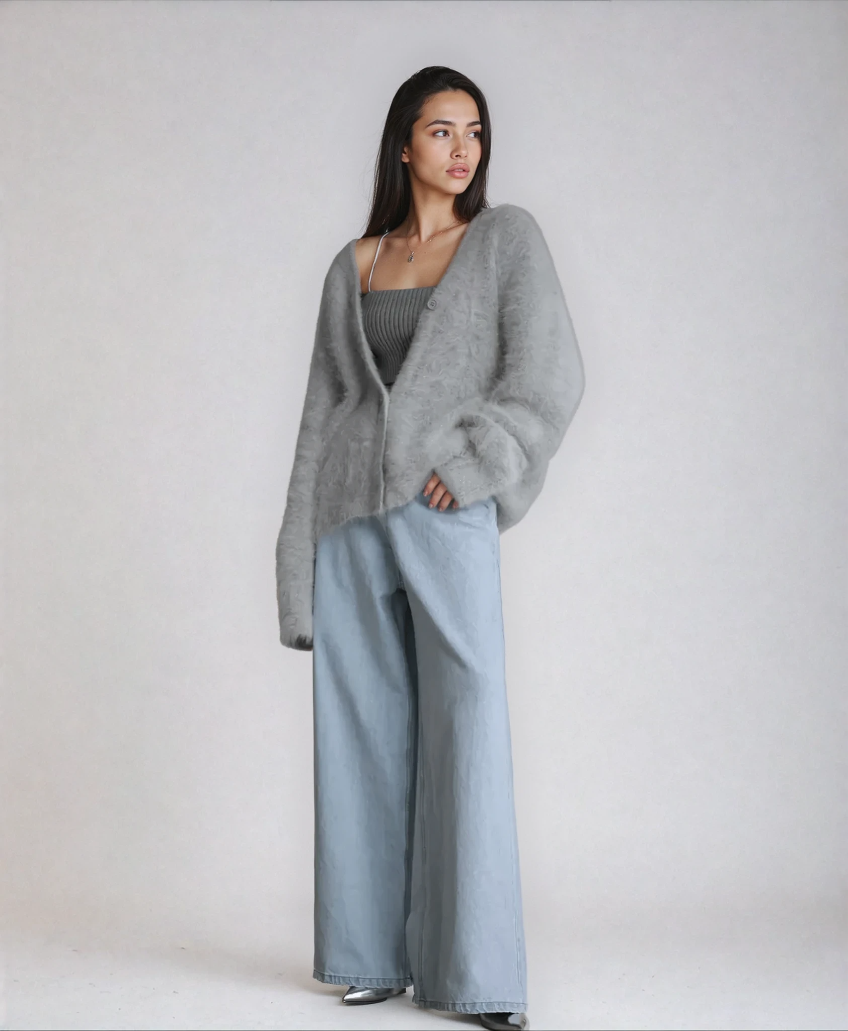 Cozy Women's Long Cardigan with Deep V-Neck and Oversized Sleeves – Fluffy Knit Layering Piece 1