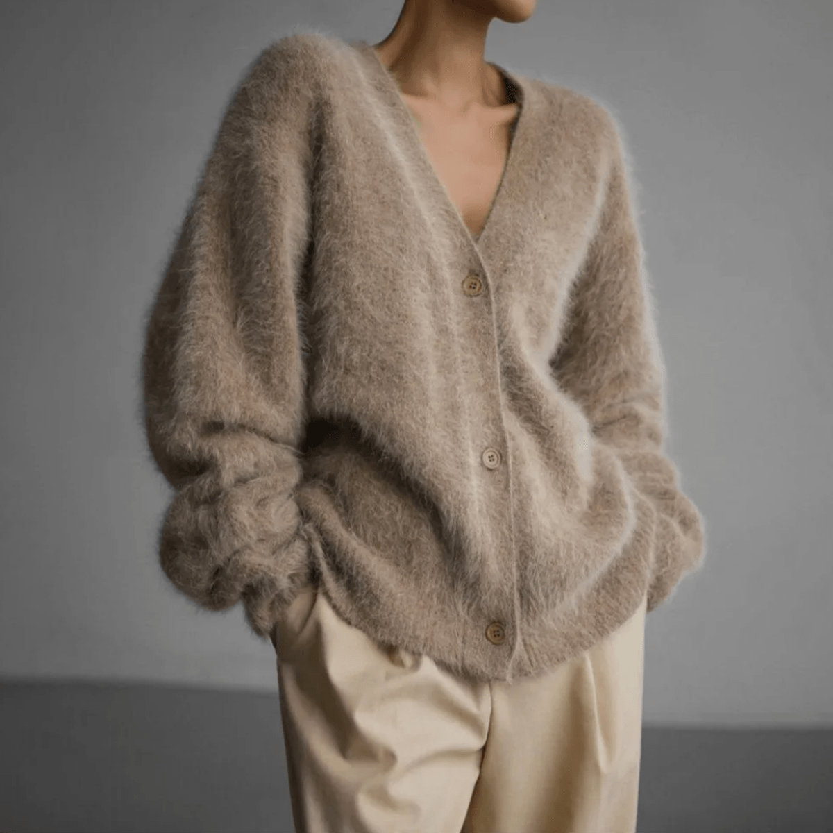 Cozy Women's Long Cardigan with Deep V-Neck and Oversized Sleeves – Fluffy Knit Layering Piece 2