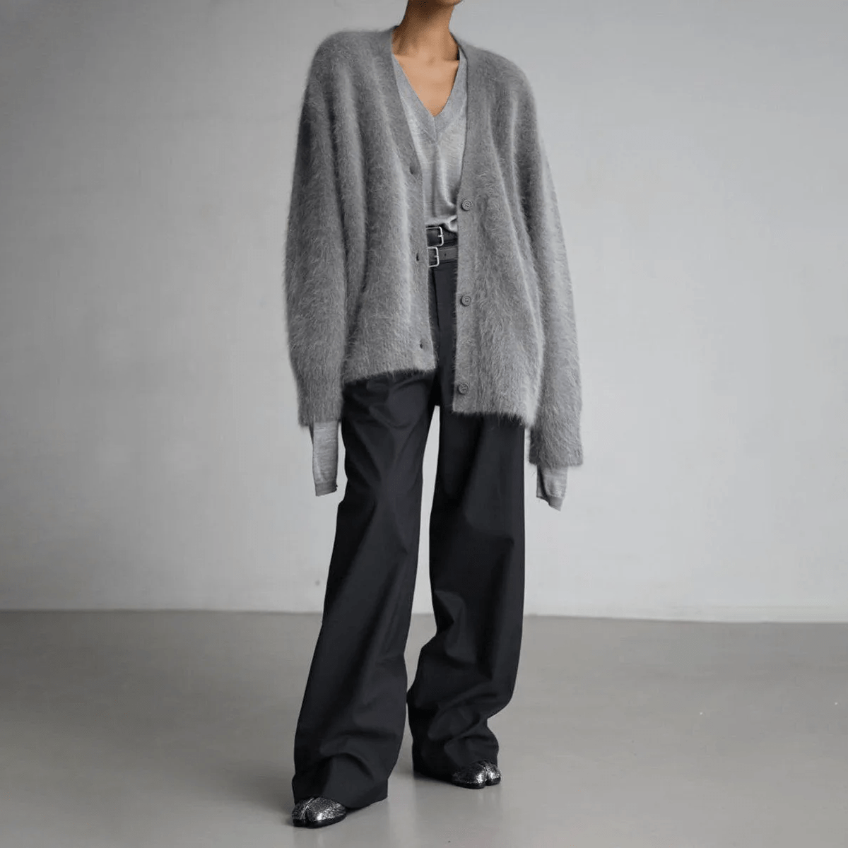 Cozy Women's Long Cardigan with Deep V-Neck and Oversized Sleeves – Fluffy Knit Layering Piece 4