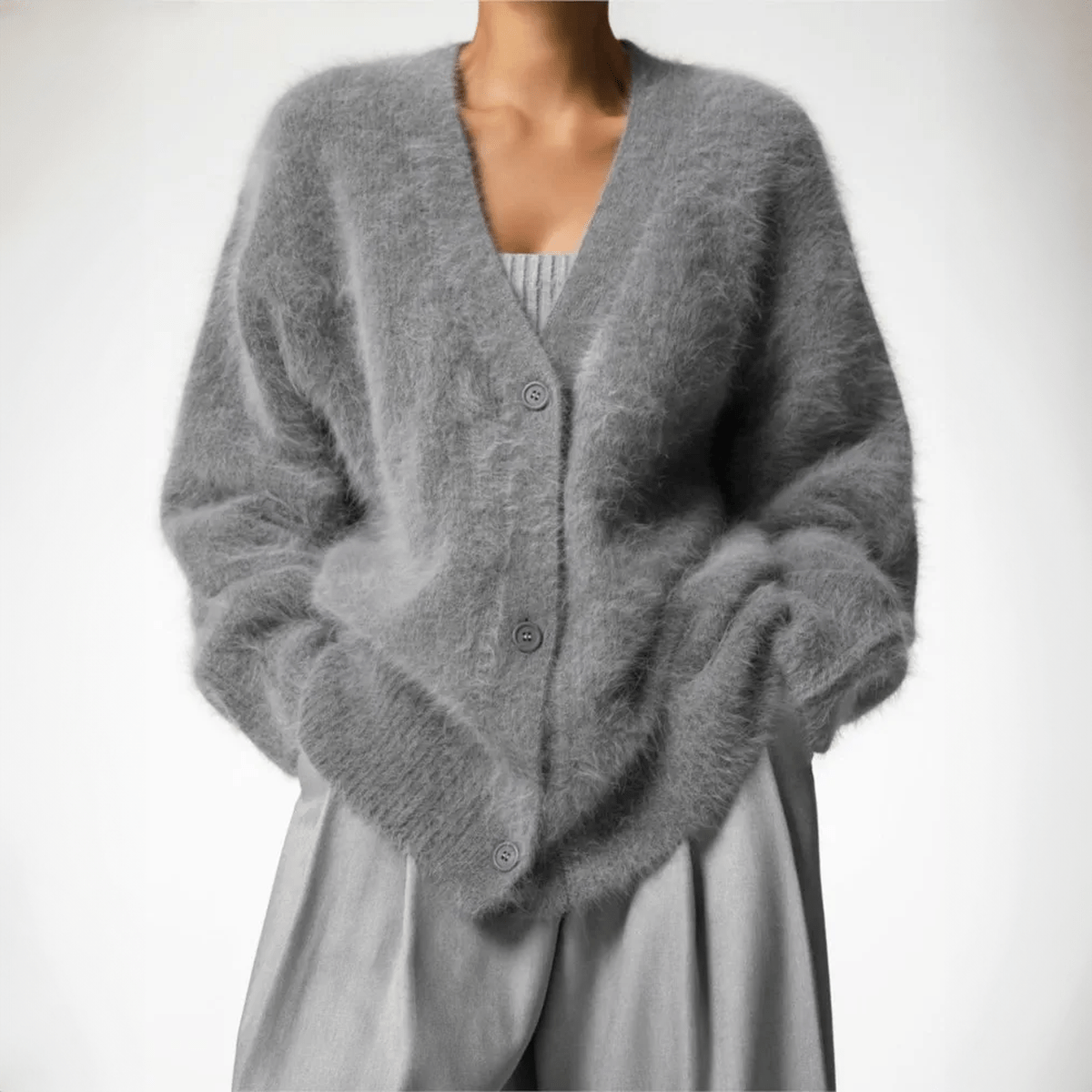 Cozy Women's Long Cardigan with Deep V-Neck and Oversized Sleeves – Fluffy Knit Layering Piece 5