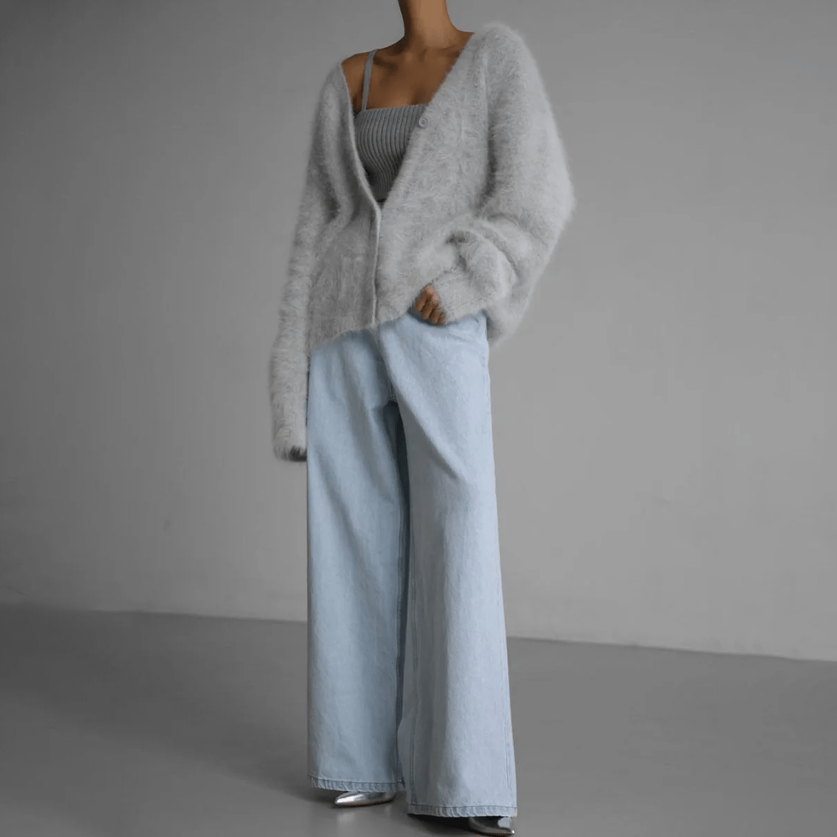 Cozy Women's Long Cardigan with Deep V-Neck and Oversized Sleeves – Fluffy Knit Layering Piece 6