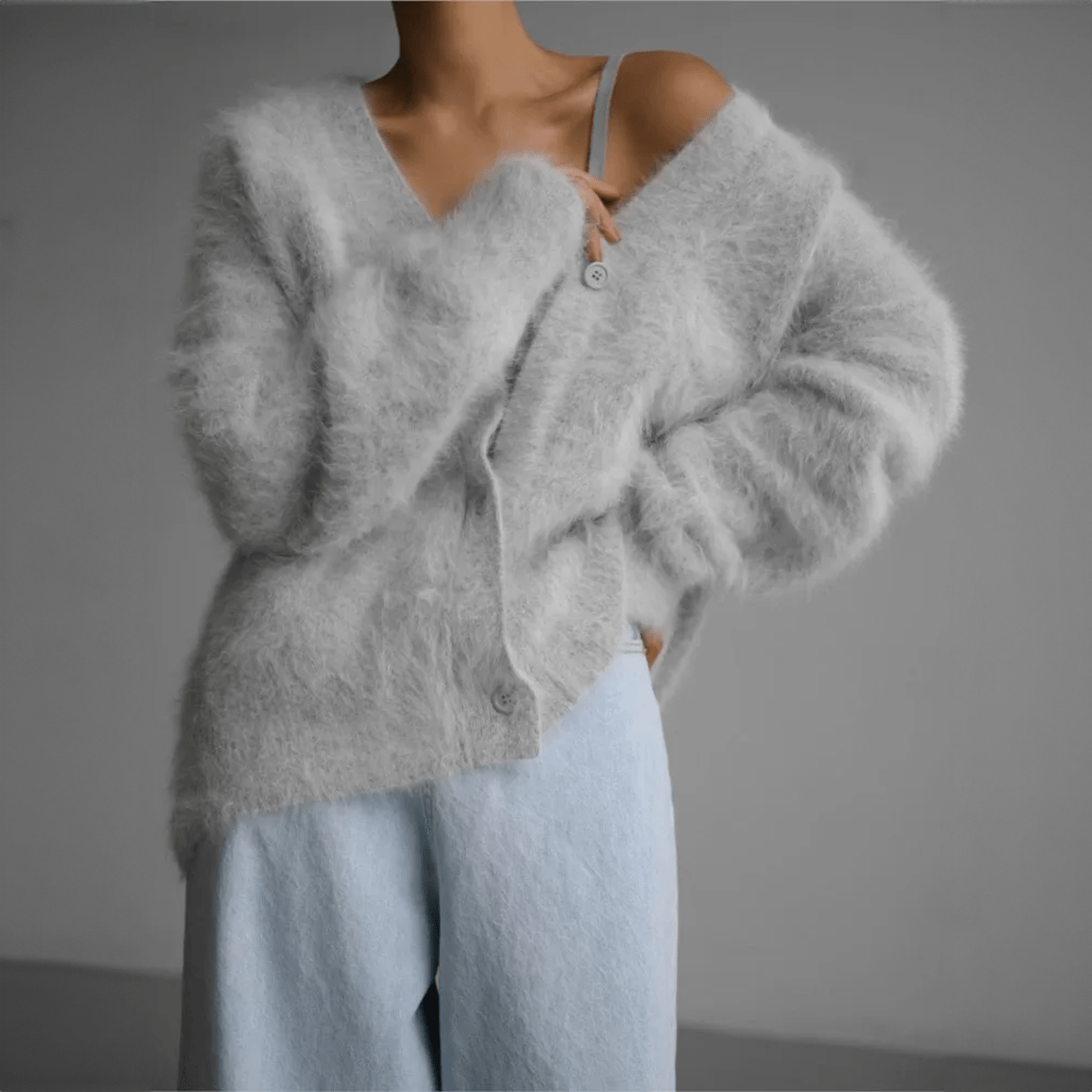 Cozy Women's Long Cardigan with Deep V-Neck and Oversized Sleeves – Fluffy Knit Layering Piece 7
