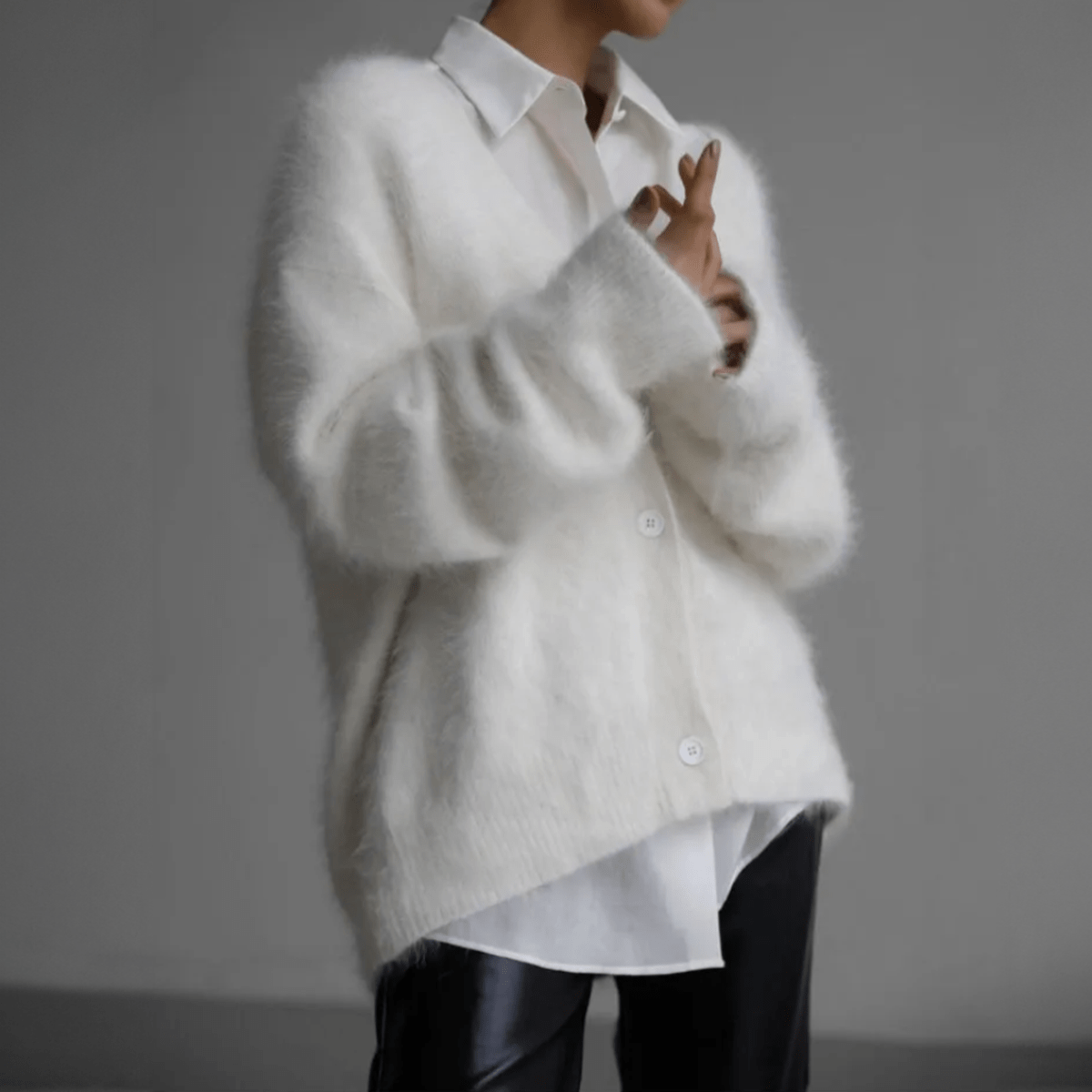 Cozy Women's Long Cardigan with Deep V-Neck and Oversized Sleeves – Fluffy Knit Layering Piece 8