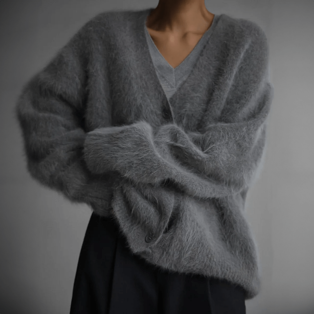 Cozy Women's Long Cardigan with Deep V-Neck and Oversized Sleeves – Fluffy Knit Layering Piece 9