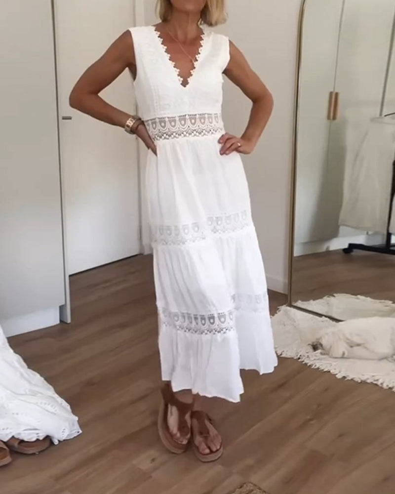 Cute Airy White Summer Midi dress with lace and V-neck 1