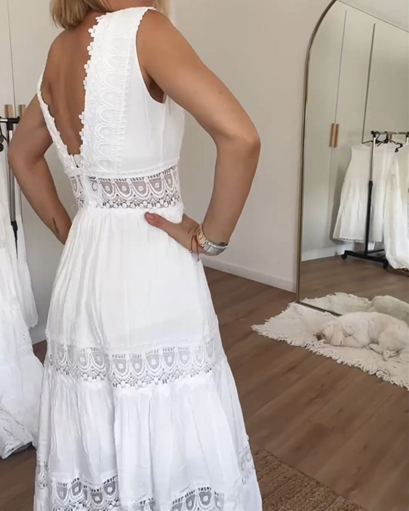 Cute Airy White Summer Midi dress with lace and V-neck 2