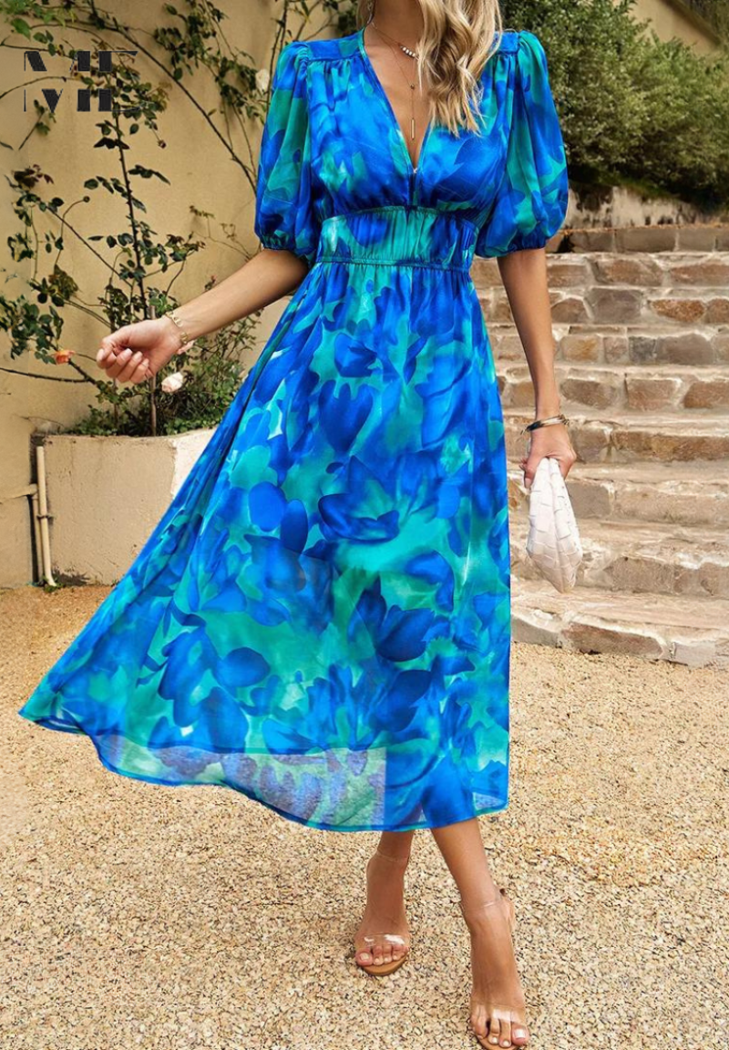 Elegant Floral Midi Dress with Puff Sleeves 8