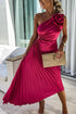 Elegant Shoulder Pleated Formal Midi Dress 0