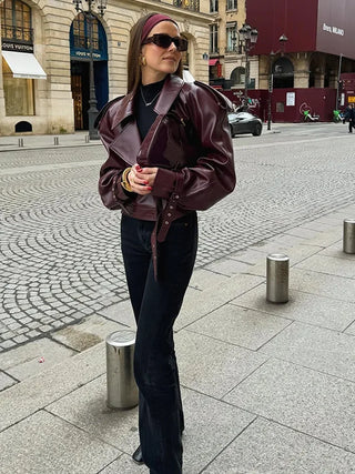 Cherry Red Cropped Leather Jacket