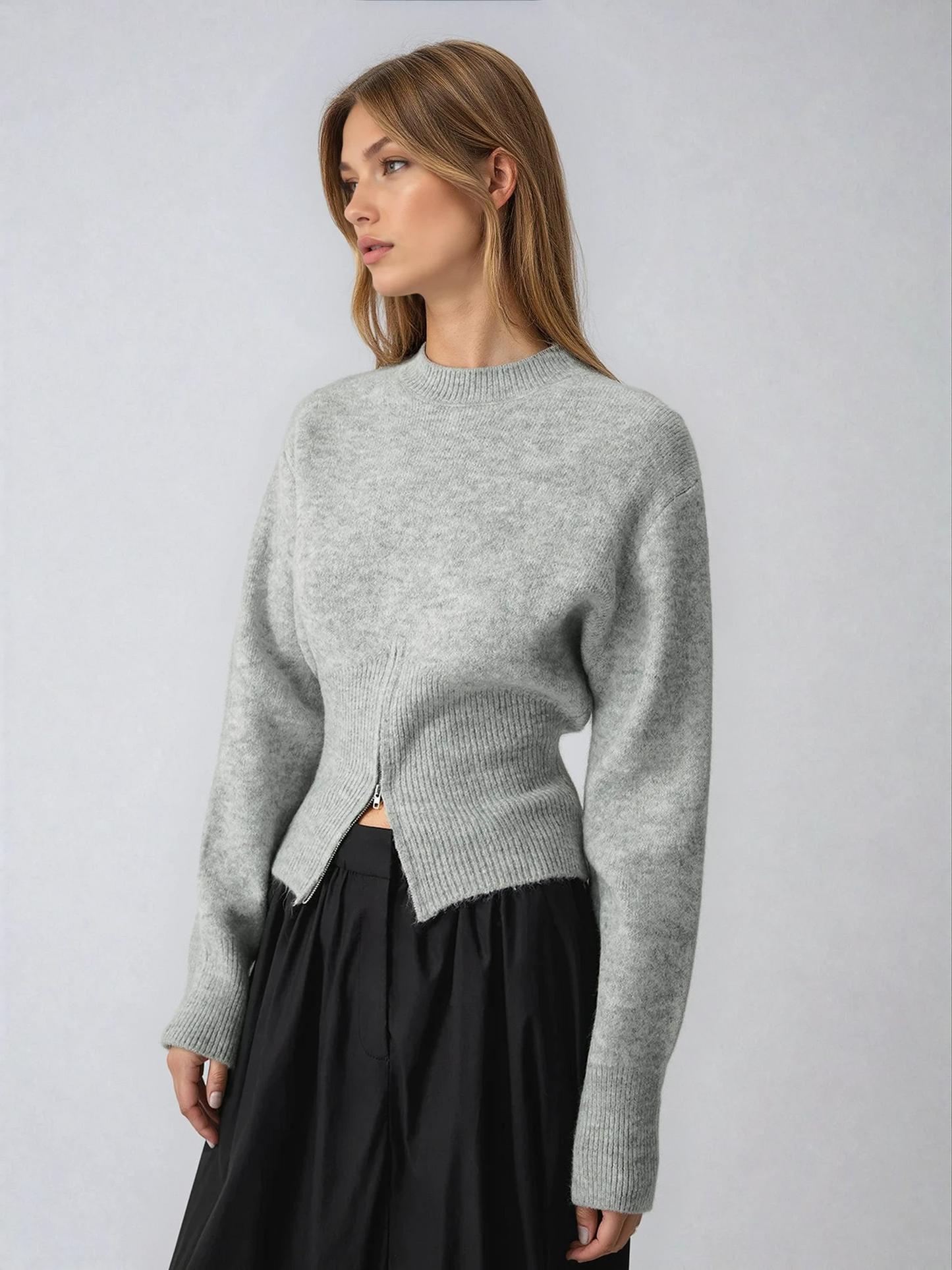 Half Zip Knit Sweater with Fitted Waist and Flared Sleeves – Versatile Cool-Weather Layer 0