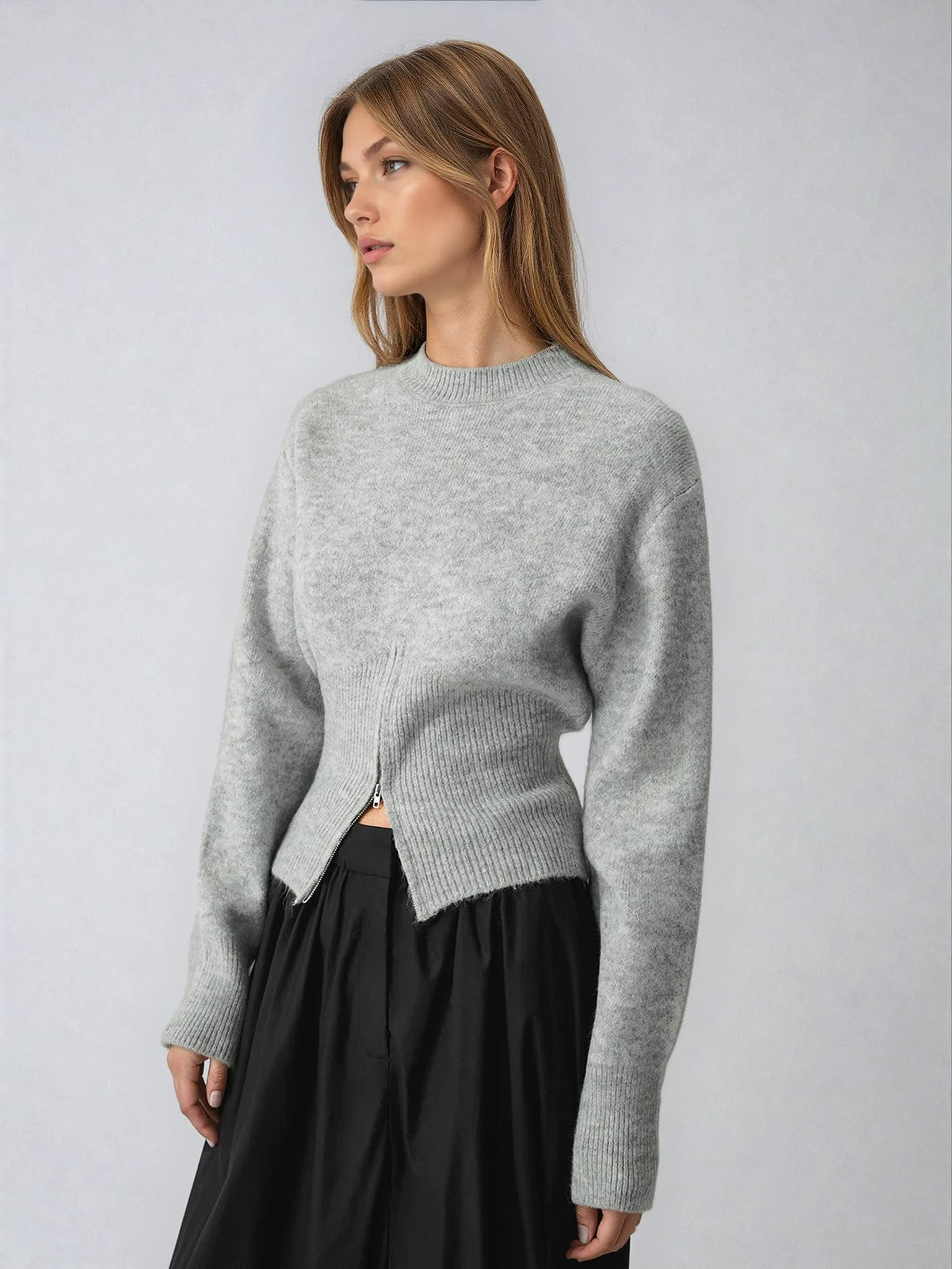 Half Zip Knit Sweater with Fitted Waist and Flared Sleeves – Versatile Cool-Weather Layer 0