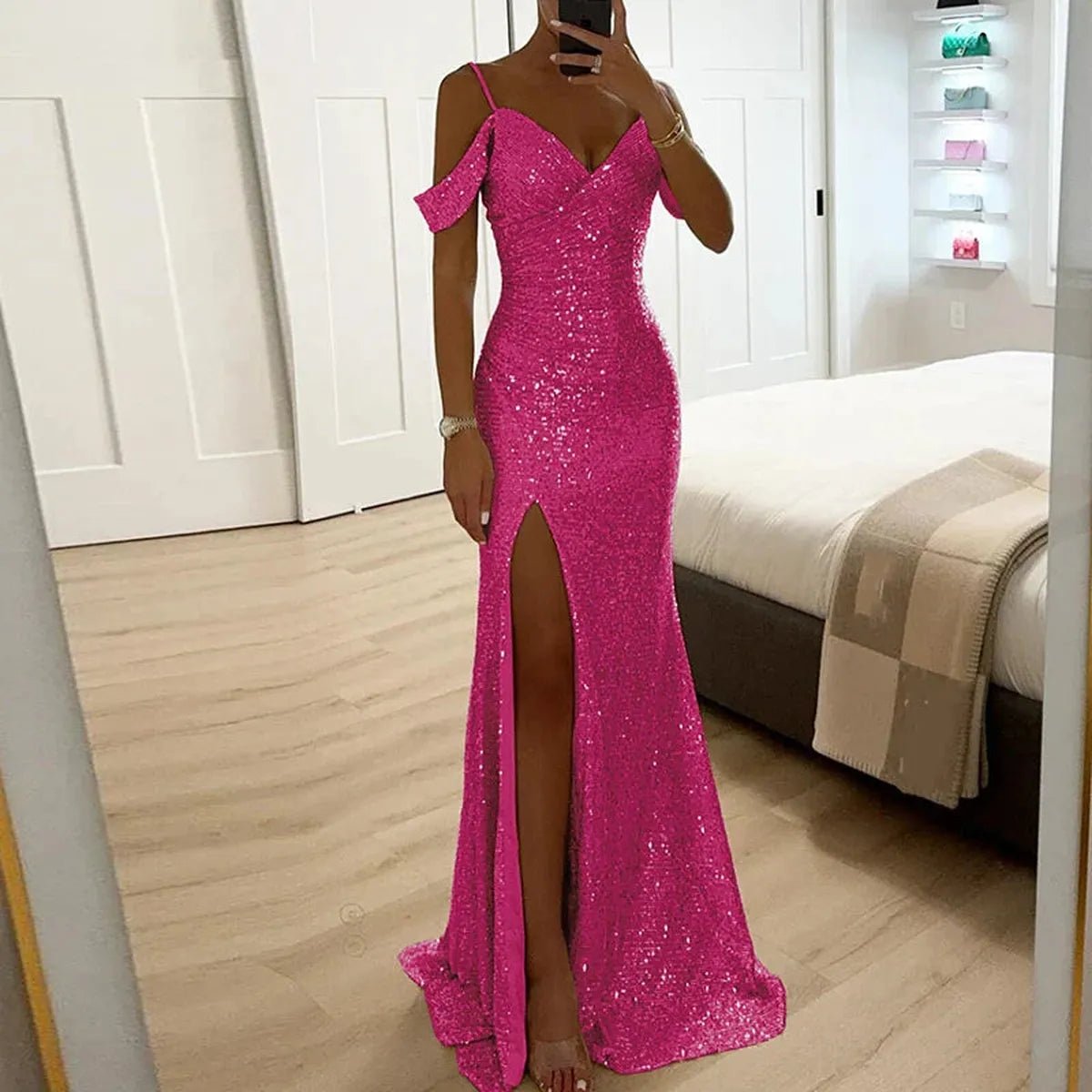 Off-Shoulder Sequined Formal Evening Gown Maxi Dress 0