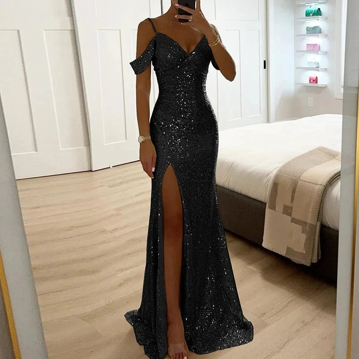 Off-Shoulder Sequined Formal Evening Gown Maxi Dress 4