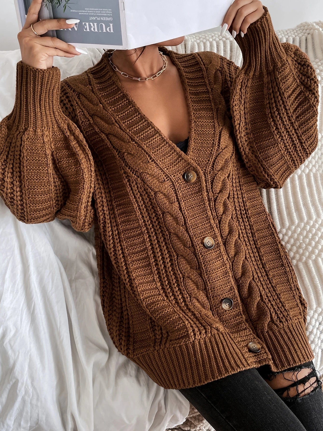 Womens Oversized Cable Knit Cardigan