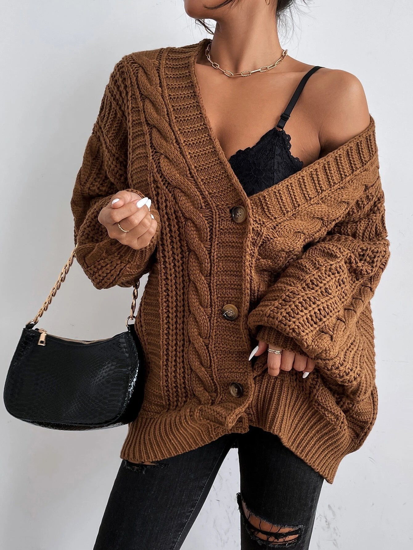 Womens Oversized Cable Knit Cardigan