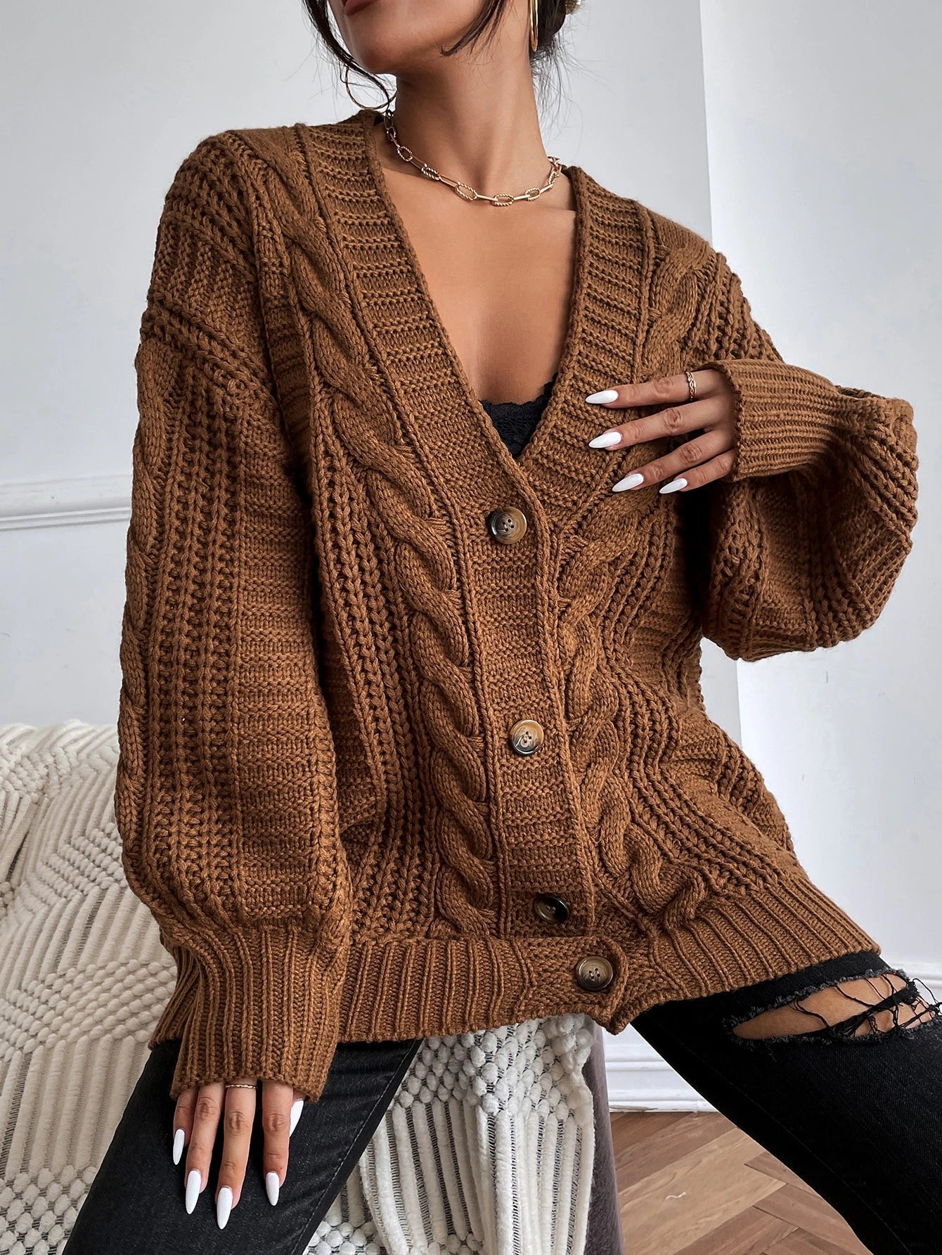 Womens Oversized Cable Knit Cardigan
