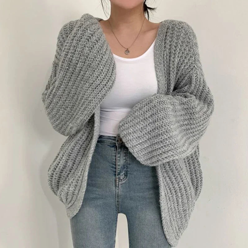 Oversized Knit Cardigan with Lantern Sleeves – Cozy Open-Front Design 0