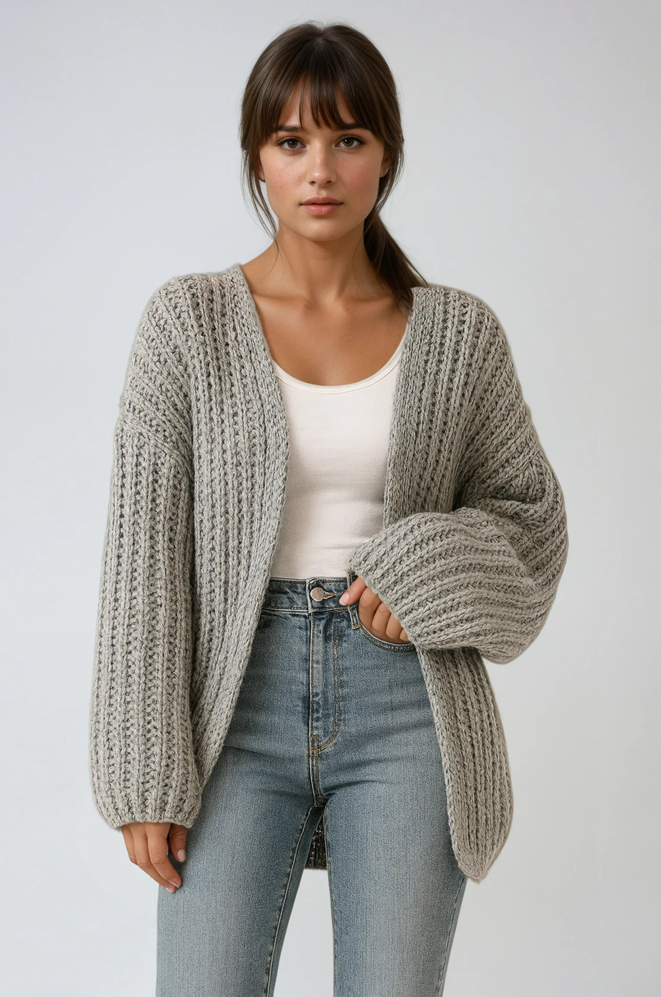 Oversized Knit Cardigan with Lantern Sleeves – Cozy Open-Front Design 1