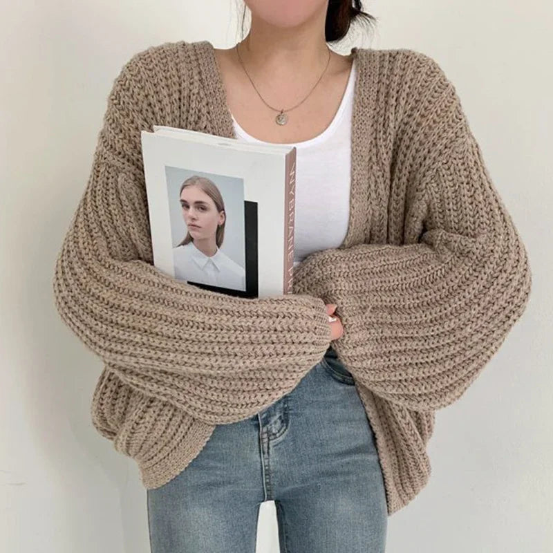 Oversized Knit Cardigan with Lantern Sleeves – Cozy Open-Front Design 2