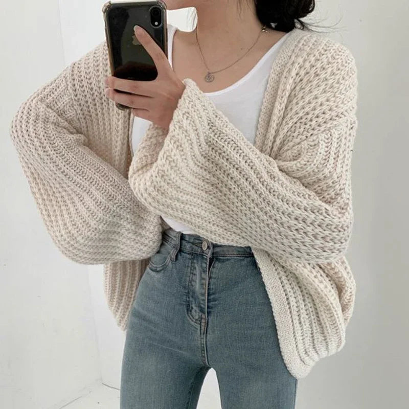 Oversized Knit Cardigan with Lantern Sleeves – Cozy Open-Front Design 3