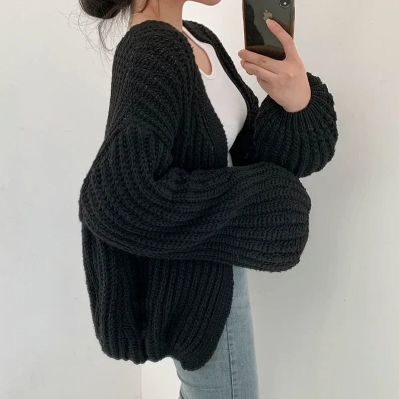 Oversized Knit Cardigan with Lantern Sleeves – Cozy Open-Front Design 6