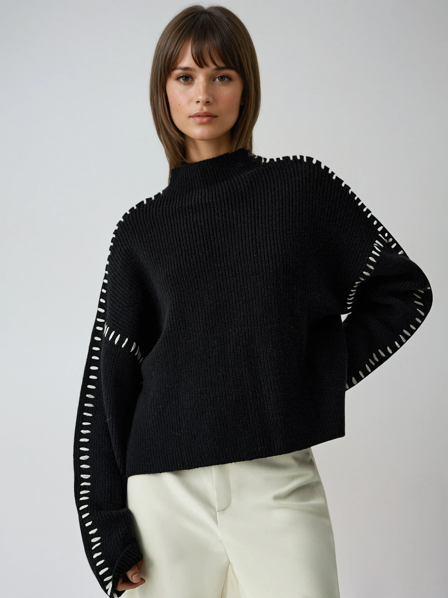 Oversized Mock Neck Sweater with Contrast Whipstitching – Cozy Rib-Knit Fabric for Effortless Layering 1