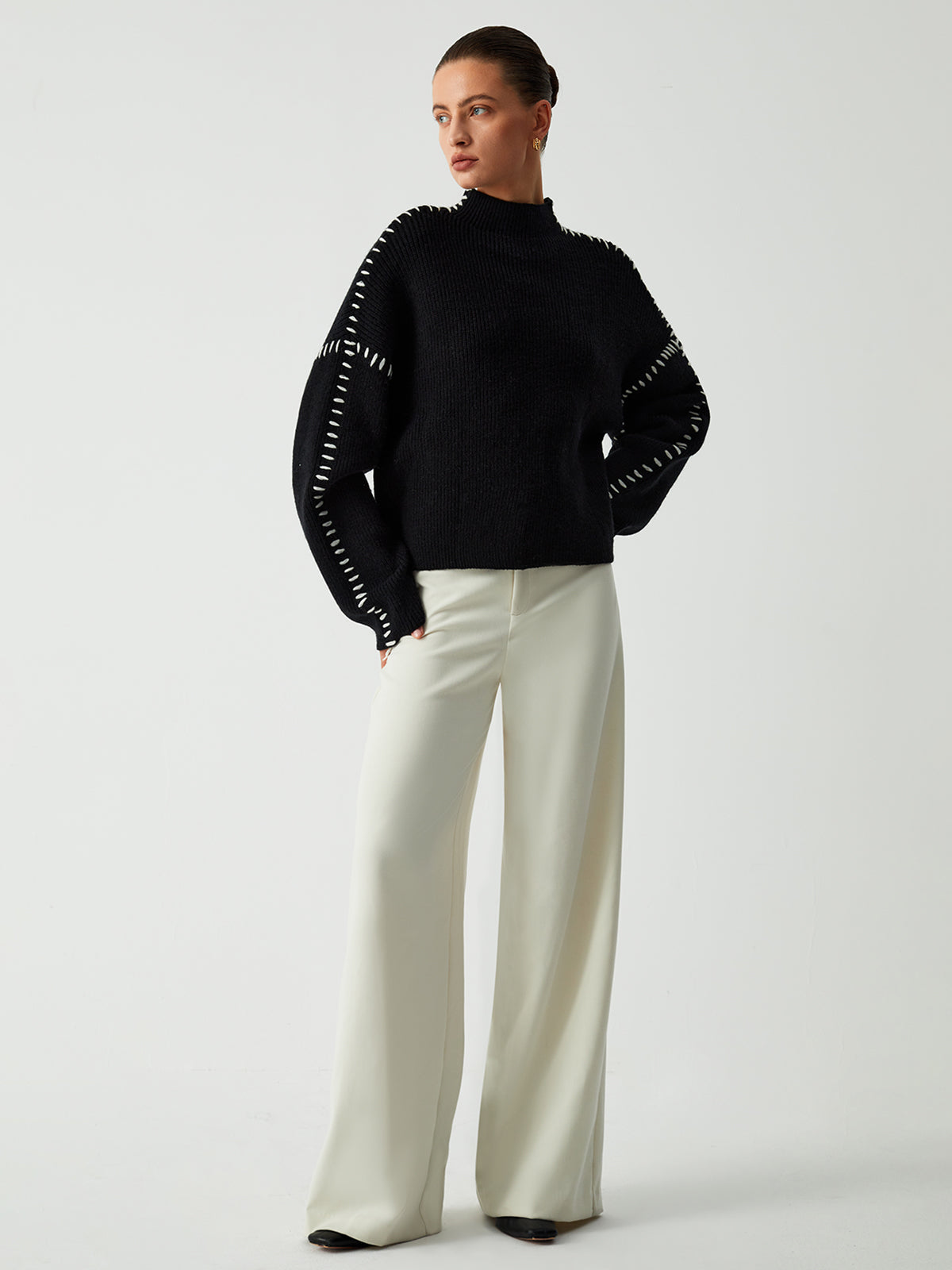 Oversized Mock Neck Sweater with Contrast Whipstitching – Cozy Rib-Knit Fabric for Effortless Layering 3