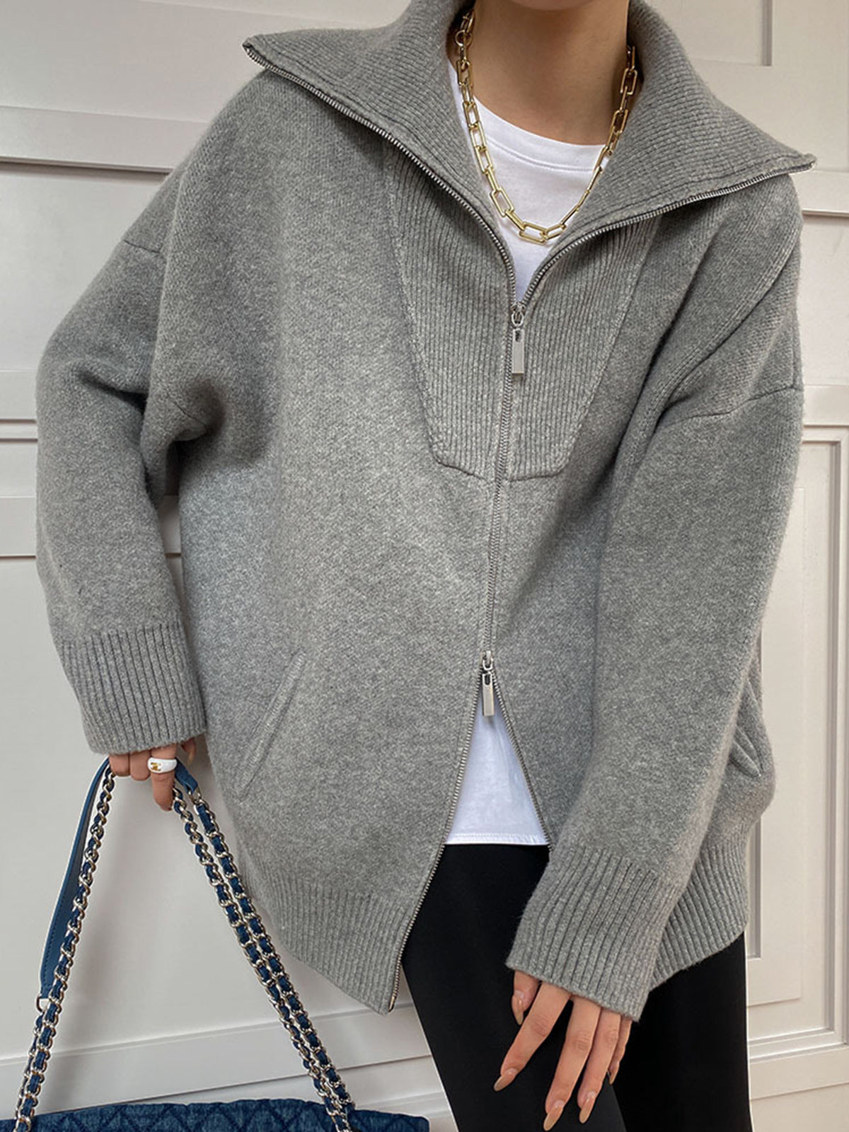 Oversized Open Collar Cardigan for Women – Cozy Knit Layering Piece with Ribbed Trims and Zip Front 1