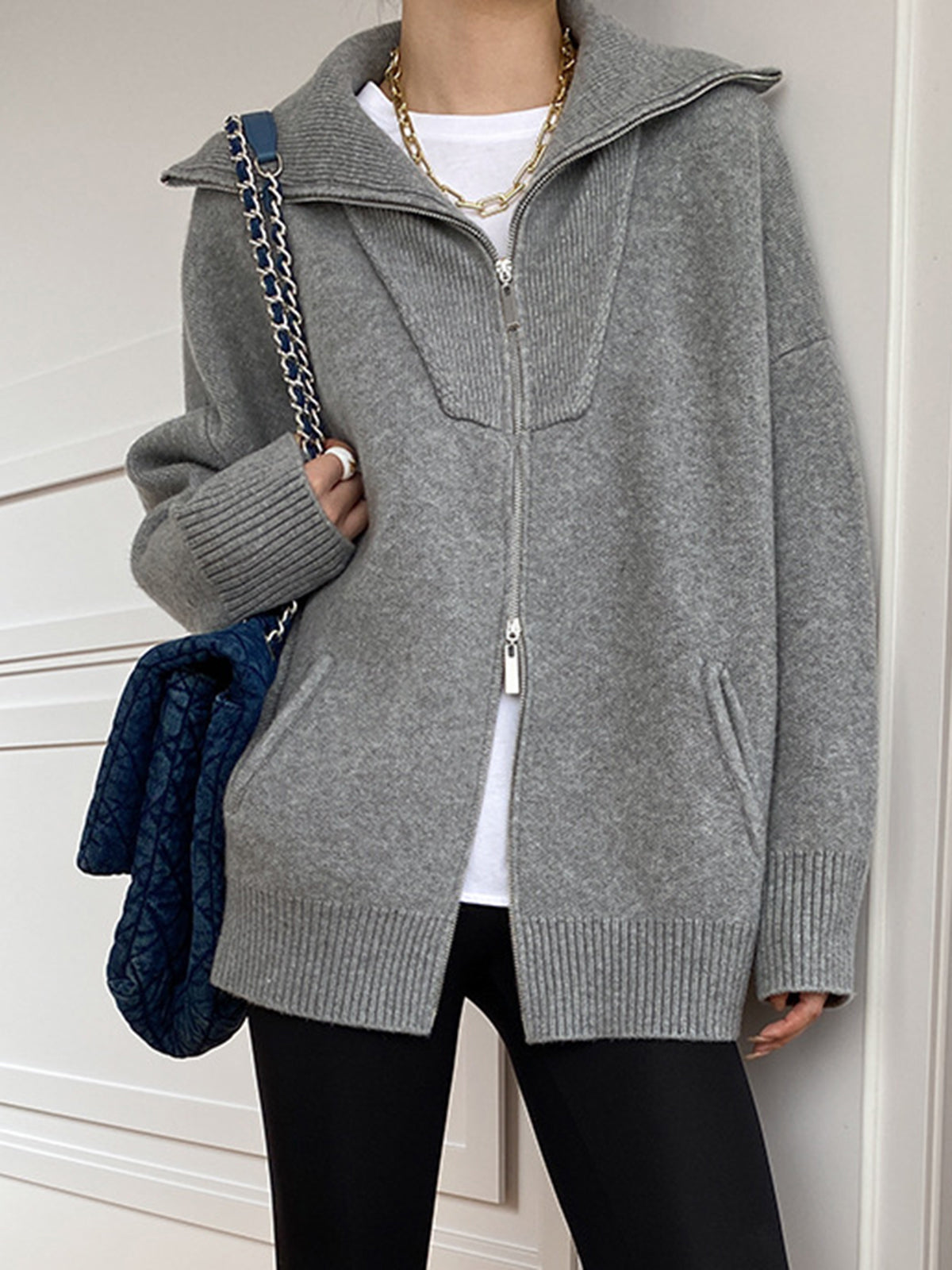 Oversized Open Collar Cardigan for Women – Cozy Knit Layering Piece with Ribbed Trims and Zip Front 3