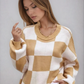 Oversized Women's Checkerboard Sweater with Ribbed Trims – Cozy Two-Tone Knit for Comfortable Layering 1