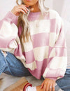 Oversized Women's Checkerboard Sweater with Ribbed Trims – Cozy Two-Tone Knit for Comfortable Layering 11