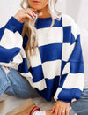 Oversized Women's Checkerboard Sweater with Ribbed Trims – Cozy Two-Tone Knit for Comfortable Layering 12