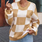 Oversized Women's Checkerboard Sweater with Ribbed Trims – Cozy Two-Tone Knit for Comfortable Layering 2