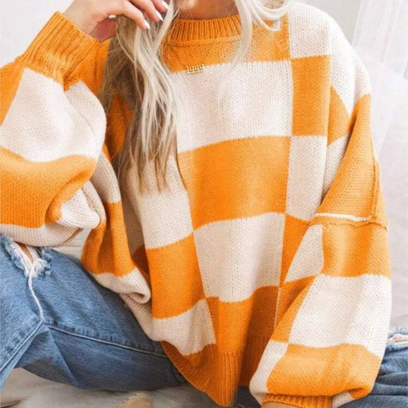 Oversized Women's Checkerboard Sweater with Ribbed Trims – Cozy Two-Tone Knit for Comfortable Layering 5