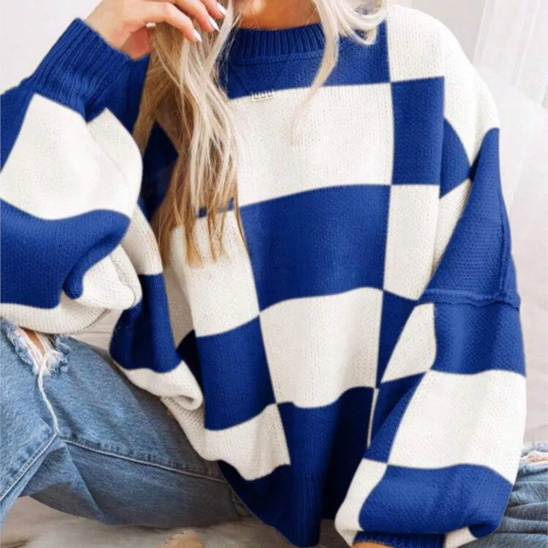 Oversized Women's Checkerboard Sweater with Ribbed Trims – Cozy Two-Tone Knit for Comfortable Layering 7
