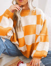 Oversized Women's Checkerboard Sweater with Ribbed Trims – Cozy Two-Tone Knit for Comfortable Layering 8