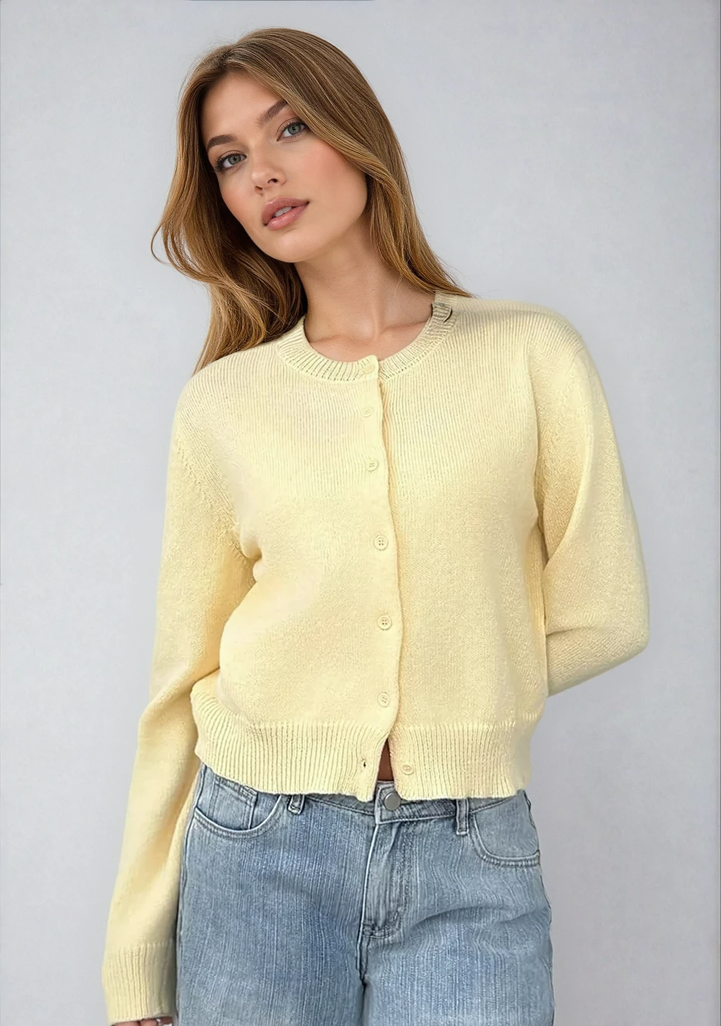 Pastel Yellow Women's Classic Cardigan Sweater with Button Closure and Ribbed Trims – Versatile Layering Piece for All Seasons 1